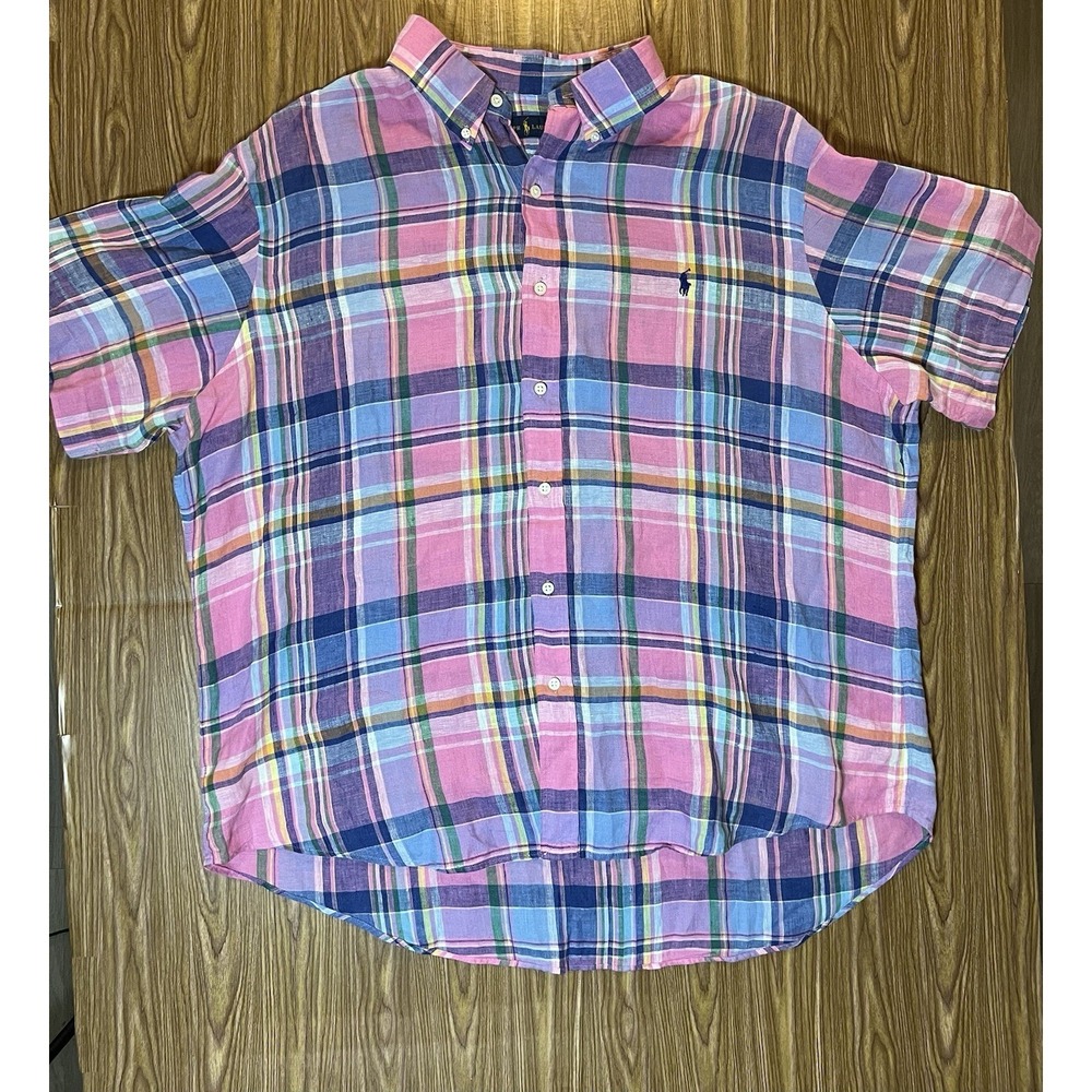 Ralph Lauren Pink Madras Plaid Linen Shirt Size XXL Short Sleeve Preppy